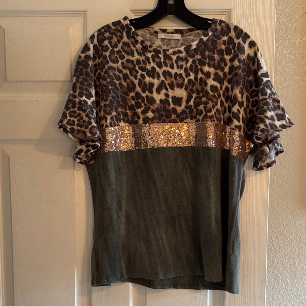 Leopard Print and Sequin Short Sleeve Top
